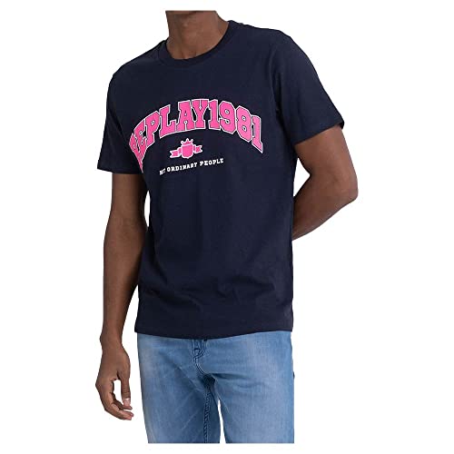 Replay Męski T-shirt z krótkim rękawem 1981 z bawełny organicznej, 085 niebieski, XL