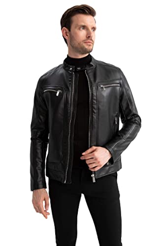 DeFacto Skórzana kurtka do odzieży rekreacyjnej – DeFacto skórzany płaszcz dla mężczyzn do odzieży wierzchniej (czarna, L), czarny, L