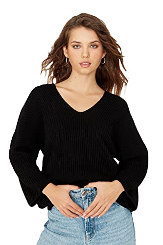 Trendyol Damska bluza z dekoltem w serek, jednokolorowa, oversize, sweter, Czarny, L