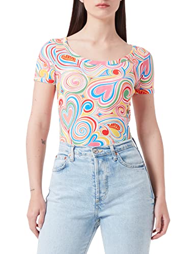 Love Moschino Damska koszulka Deep Round Neckline z rozciągliwej bawełny, dżersej z nadrukiem, wielokolorowa, All.Multicolor, 40 PL