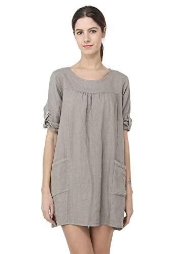 Sukienka damska 100% lniana Made in Italy, Krótka sukienka z okrągłym dekoltem z zapinanymi na długie kieszenie i rękawy, Desert, Rozmiar: L, Pustynia, L