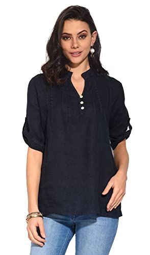 Bonateks damska top 100% lniana tunika Made in Italy, top zapinany na guziki z kołnierzem tunezyjskim i składanymi z przodu, granatowy, rozmiar: XL, granatowy, XL