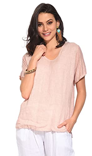 Tunika damska 100% lniana Made in Italy, Dwumateriałowy top z dekoltem V z zagięciami z tyłu i krótkimi rękawami, satyna, rozmiar: XL, Satyna, XL