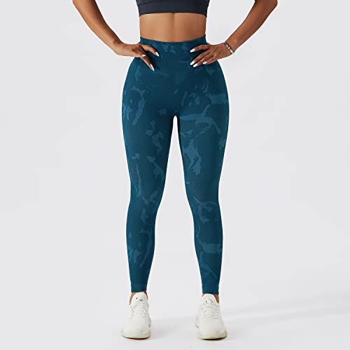 EULLA Legginsy damskie z wysokim stanem, moro, sportowe legginsy damskie, długie z brzoskwiniowym podnoszeniem bioder, spodnie sportowe, spodnie do jogi, treningu, na co dzień, niebieski morski, L