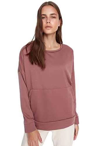 Trendyol Damska bluza z okrągłym dekoltem, zwykła, tytoń, M, tytoń