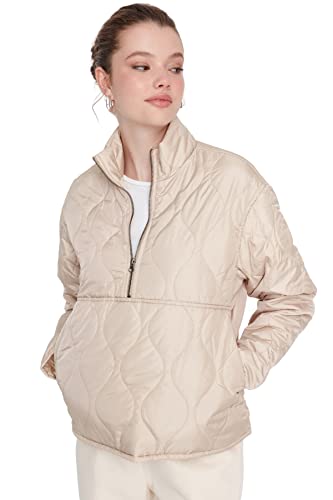Trendyol Damska bluza z kapturem, jednokolorowa, oversize, kurtka zimowa, beżowy, L, BEŻOWY