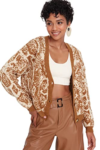 Trendyol Damski kardigan z dzianiny oversize z dekoltem w serek, Brązowy, S