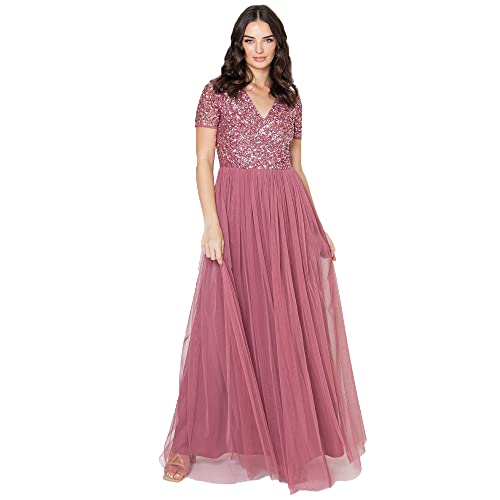 Maya Deluxe Women's V Neckline Embellished V Neck Maxi Dress Short Sleeve Empire Waist Prom Graduation Bridesmaid Wedding Guest Sukienka dla druhny Kobieta, Desert Rose, 26