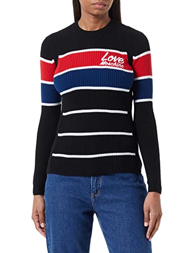 Love Moschino Damski sweter slim fit z długim rękawem z okrągłym dekoltem z miłością, emblematem, Black Blue Red, 40