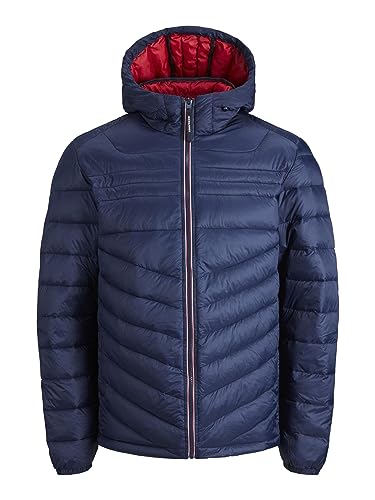 JACK&JONES PLUS JJEHERO Puffer Hood SN PLS kurtka męska, granatowa marynarka/szczegóły: zamek kontrastowy, 5XL, Granatowy blezer/Szczegóły: kontrastowy zamek błyskawiczny, 5XL