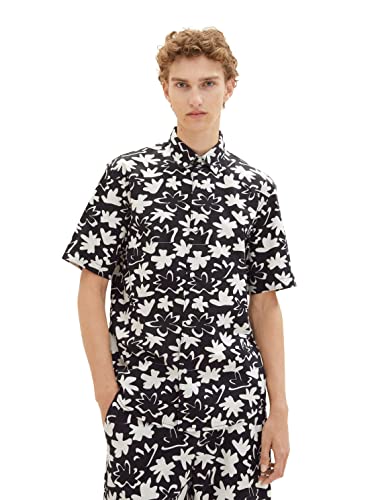 TOM TAILOR Denim Koszula męska 1036245, 31906-czarna biała z nadrukiem dzikich kwiatów, M, 31906 - Black White Wildflower Print, M