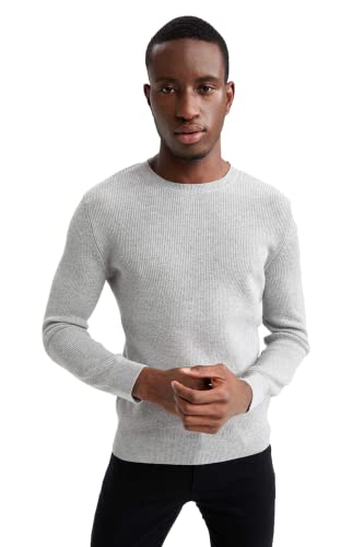DeFacto Męski sweter z dzianiny z długim rękawem, okrągły dekolt, slim fit dla mężczyzn, topy (szary melanż, XXL), szary melanż, XXL