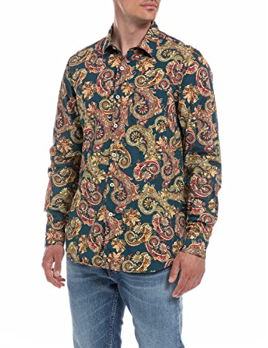 Replay Męska koszula z długim rękawem z bawełny, 010 Blue With Print Paisley, L