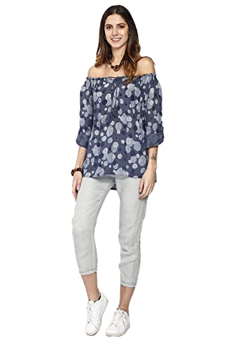 Bonateks damska top 100% lniana tunika Made in Italy, koronkowy top z przodu w kropki z kołnierzem, granatowy, rozmiar: XL, granatowy, XL