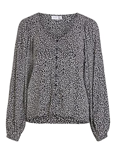 Vila Women's VIFINI dekolt w serek L/S TOP/SU-NOOS koszulka z długim rękawem, czarna/AOP: liliowa, 34, czarny/kolor: lilia, 34