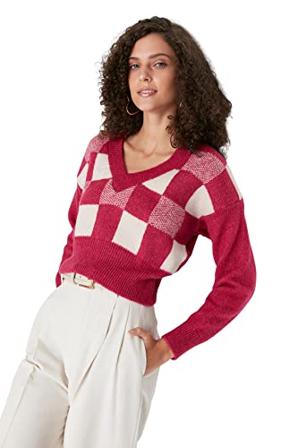 Trendyol Damska bluza z dekoltem w serek w kratę, Czerwony, S