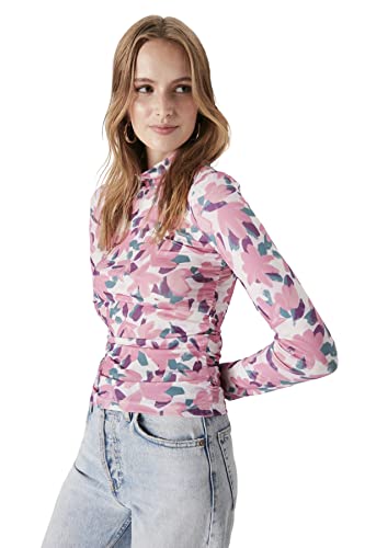 Trendyol Damska bluzka ze stójką i stójką, różowy, XL