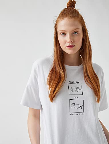 Koton Damska koszulka z krótkim rękawem z nadrukiem, Ecru (010), M