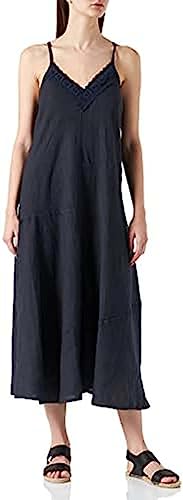 Bonateks, Sukienka z szelkami z haftem na dekolcie w kształcie litery V, 100% len, rozmiar DE:38 Rozmiar US:M, granatowy - wyprodukowano we Włoszech, niebieski