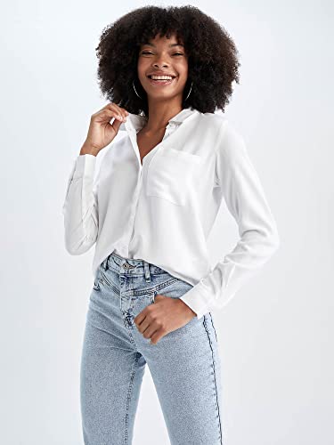 DeFacto Damska bluzka z długim rękawem koszula z guzikami do odzieży rekreacyjnej (biała, M), biały, M