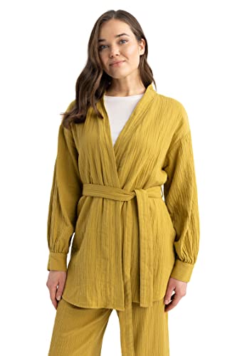 DeFacto Damska bluzka z długim rękawem, koszula z guzikami, do noszenia na co dzień, zielony, M