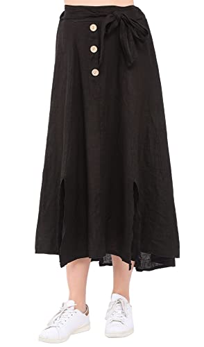 Bonateks Women Skirt 100% Len Made in Italy, długa spódnica z guzikami z paskiem na szalik, czarna, rozmiar: XL, czarny, XL