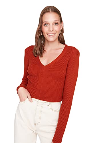 Trendyol Damska bluza z okrągłym dekoltem jednokolorowa dopasowana bluza, Czerwone płytki, L