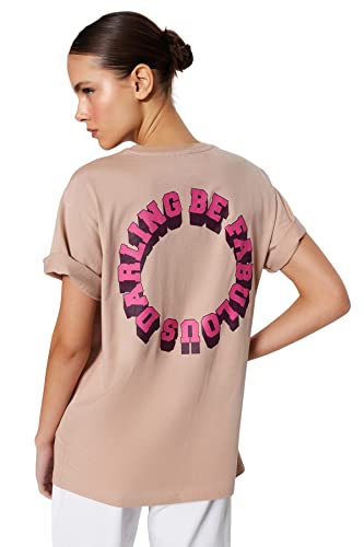 Trendyol Damska koszulka z dzianiny Boyfriend Basic Crew Neck, Skała, S