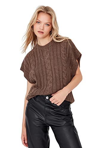 Trendyol Damska kamizelka z okrągłym dekoltem Ajouré Regular Sweater Vest, kolor norek, S, Kolor norek, S