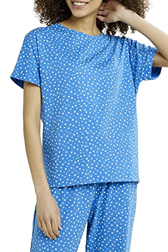 People Tree Damska koszulka z sercami organiczna piżama top, Niebieski z nadrukiem serca, 40 PL