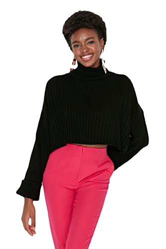 Trendyol Damska bluza z golfem, jednokolorowa, zwykła, czarna, L, Czarny