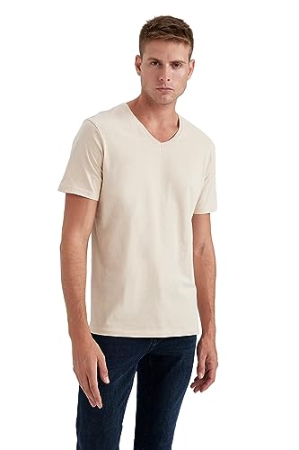 DeFacto Męski Basic Slim Fit T-shirt męski z dekoltem w serek – klasyczny T-shirt dla mężczyzn, Por. beżowy, L