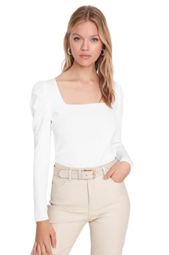 Trendyol Damska bluza z kwadratowym kołnierzem, gładka dopasowana bluza, Ecru, M, Ecru