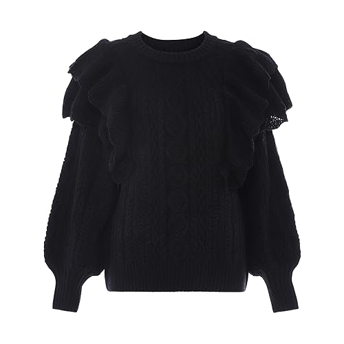 faina Damski sweter z dzianiny z okrągłym dekoltem i rękawami balonowymi i falbankami, czarny, rozmiar XL/XXL, czarny, XL