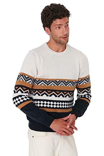 Trendyol Męska bluza z okrągłym dekoltem Colorblock Slim sweter, Ecru, L, Ecru, L