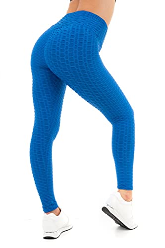 M17 Damskie damskie legginsy lite plaster miodu gofr antycellulitowy bezszwowe marszczone podnoszenie pośladków wysoka talia rozciągliwe siłownia joga spodnie, NIEBIESKI, L