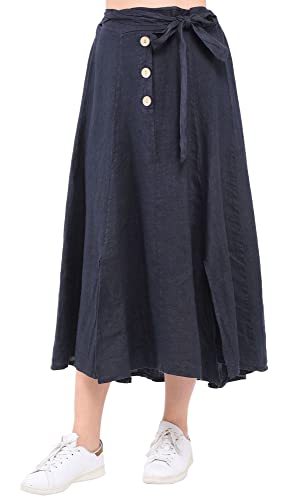 Bonateks Women Skirt 100% Len Made in Italy, długa spódnica z guzikami z szalikiem, granatowa, rozmiar: L, granatowy, L