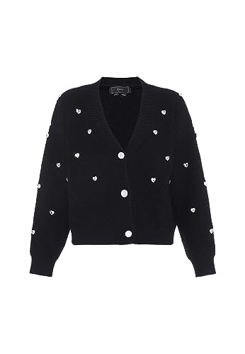 faina Damski sweter z dzianiny z dekoltem w serek i nitami wzór diamentowy, czarny, rozmiar XL/XXL, czarny, XL