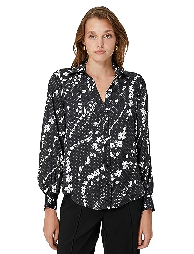 Koton Damska koszulka z długim rękawem z guzikami, klasyczny dekolt, 9d9 (Black Design), 38