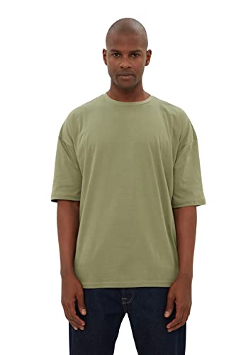 Trendyol T-shirt męski, fioletowy, podstawowy T-shirt męski z krótkim rękawem, 100% bawełna, okrągły kołnierz, oversize Khaki, S, Khaki, S