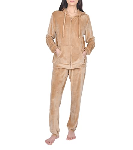 Sleepdown Damski damski welurowy dres treningowy 2-częściowy top i dół biegacze miękki przytulny codzienny trening salon zestaw, Brązowy toffi., L