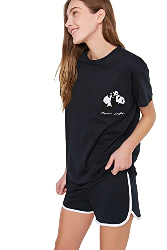 Trendyol Damska koszulka z krótkim rękawem ze szczegółowym napisem, dzianinowy t-shirt (2 sztuki), granatowy, M