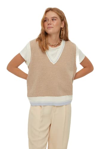 Trendyol Damska kamizelka z dekoltem w kształcie litery V, jednokolorowa, regularna, dziergana bluza, camel, L