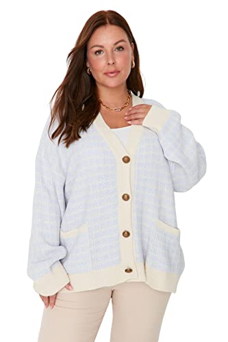 Trendyol Damski sweter rozpinany z dekoltem w serek, zwykły, plus size, jasnoniebieski, 4XL, Jasnoniebieski, 4XL Duże rozmiary