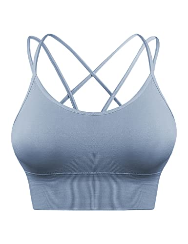 Sykooria Sportowy biustonosz damski, wyściełany biustonosz bez fiszbin, ramiączka spaghetti, wzór Cross Back Push up, biustonosz sportowy do jogi, fitnessu, A-jasnoniebieski, XL