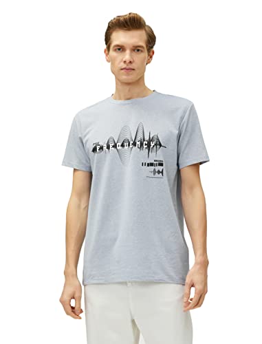 Koton Męski T-shirt z nadrukiem z okrągłym dekoltem i krótkim rękawem, Niebieski (624), S