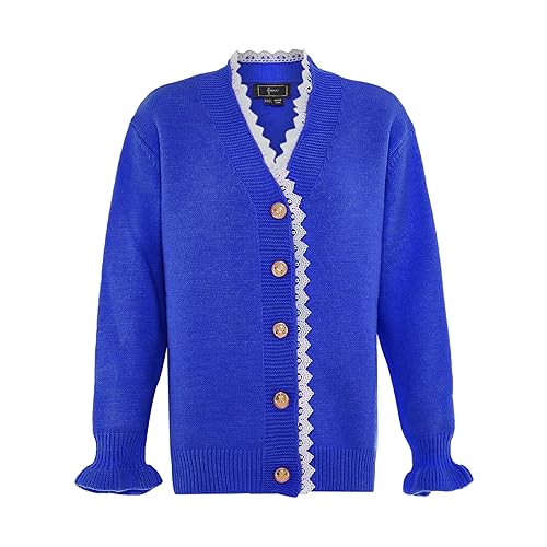 faina Damska kurtka z dzianiny z dekoltem w serek i koronkowym obszyciem akrylowym, niebieska, rozmiar XL/XXL, niebieski, XL