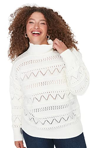 Trendyol Damska bluza z okrągłym dekoltem gładka luźna bluza w rozmiarze plus size, Ecru, 5XL