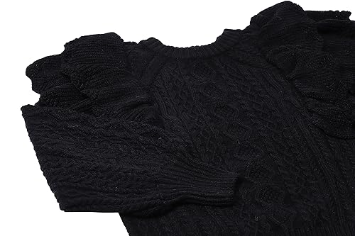 faina Damski sweter z dzianiny z okrągłym dekoltem i rękawami balonowymi i falbankami, czarny, rozmiar XS/S, czarny, XS