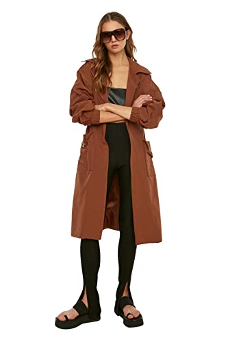 Trendyol Brown Waistband And Belt Szczegółowe Długie Overhare Trench Płaszcz Wodoodporny Kobiety, Brązowy, 32